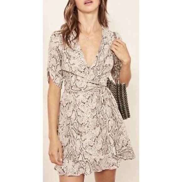 REFORMATION Monica Wrap Dress Mini Snakeskin Print Size SX Animal Print Boho - Picture 9 of 9